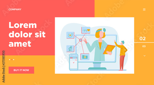 Online medical assistance vector illustration. Man using smartphone app for consulting doctor. Male patient chatting with practitioner on internet