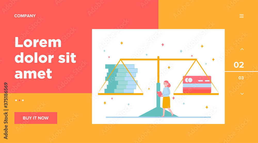 Scale with cash and credit card. Person, woman, comparison, weight flat vector illustration. Personal finance, banking, pros and cons concept for banner, website design or landing web page