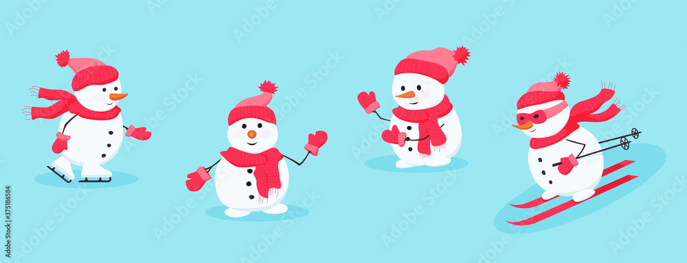 Snowman rejoices, having fun, greets and waves Snowman rejoices, having fun, greets and waves