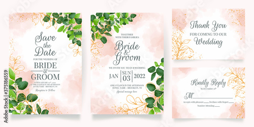 wedding invitation card template set with watercolor decoration