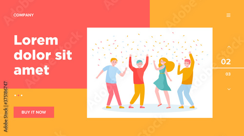Happy people dancing at party together flat vector illustration. Cartoon excited friends or coworkers celebrating with confetti. Achievement and celebration concept