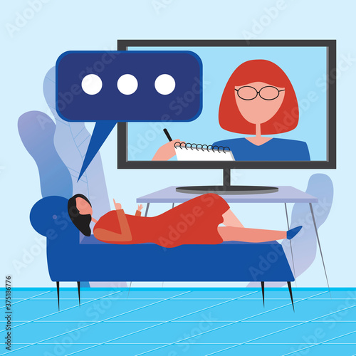 Psychotherapy online session with patient and psychologist or psychotherapist, flat vector stock illustration as concept of psychotherapy via internet or web