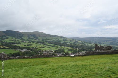 Scenic, aerial views of the Hope Valley and Castleton, in the Peak District, UK