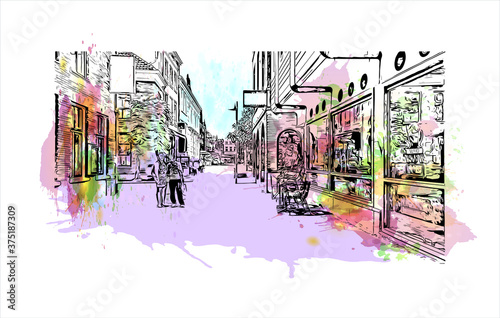 Building view with landmark of Arnhem is a city and municipality situated in the eastern part of the Netherlands. Watercolor splash with hand drawn sketch illustration in vector.