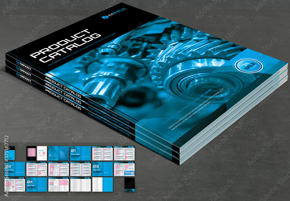 Product Catalog Layout with Blue and Black Design Stock Template