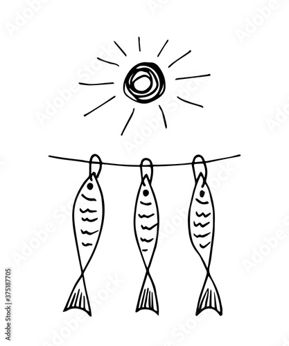 Simple hand-drawn vector drawing with black outline. Small fish hang on a rope, dry in the sun. For seafood labels, beer snack.