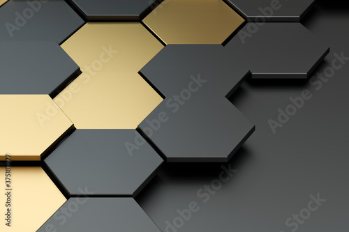 Dark and golden hexagon pattern background  3d rendering.