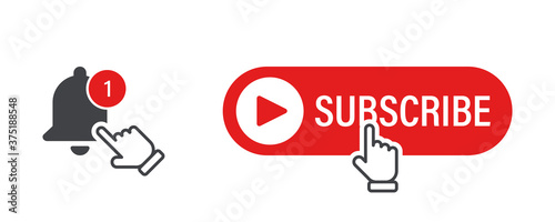 Subscribe, bell. Subscribe button with hand cursor and bell. Subscribe red button vector icon, isolated. Marketing. Vector illustration
