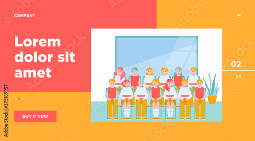 School students posing for class photo in classroom. Teen boys and girls in uniforms sitting in rows near blackboard. Vector illustration for memory, classmates, education concept
