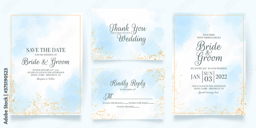 wedding invitation card template set with watercolor decoration