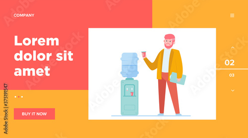 Man drinking water at cooler. Office employee, worker, work break flat vector illustration. Beverage, refreshment, watercooler concept for banner, website design or landing web page
