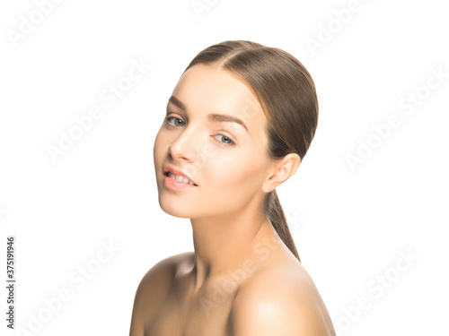 Headshot of young pretty female clean naturally beautiful face isolated on white.