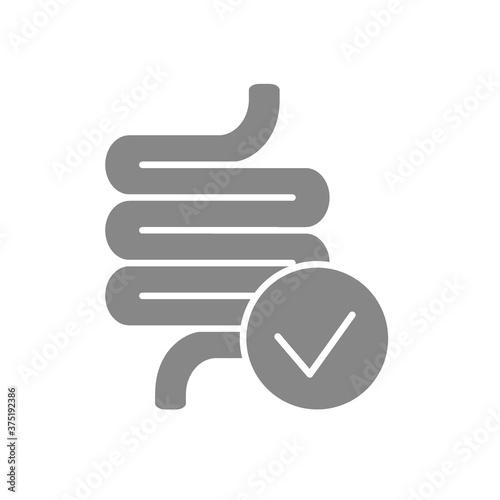 Intestine with tick checkmark grey icon. Healthy organ symbol