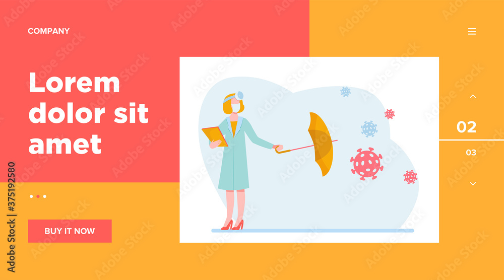 Nurse protecting from viruses attack. Physician, umbrella, prescription flat vector illustration. Medicine and healthcare concept for banner, website design or landing web page Nurse protecting from viruses attack. Physician, umbrella, prescription flat vector illustration. Medicine and healthcare concept for banner, website design or landing web page
