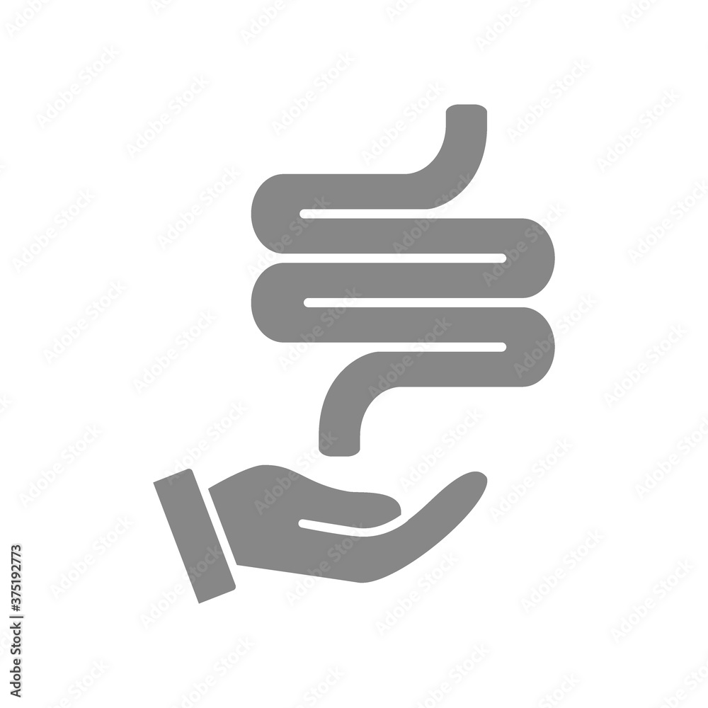 Human intestine on hand grey icon. Disease prevention symbol Human intestine on hand grey icon. Disease prevention symbol