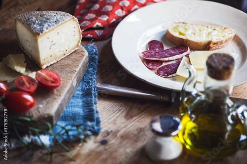 Mediterranean diet, sausage cheese and wine. photo