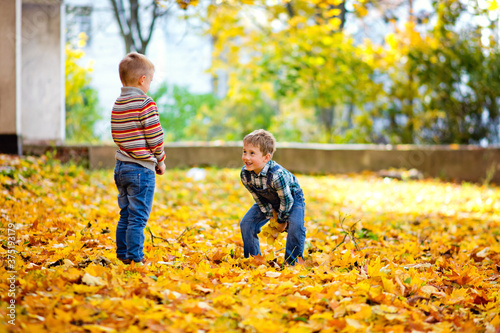Two boys play with yellow autumn leaves in the Park. They toss up maple leaves.