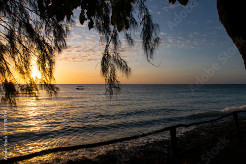 Orange sunset over the Indian Ocean on the coast of Pemba Island, Tanzania, with tropical tree branches in the foreground and silhouette of a fishing boat in the distance. photo