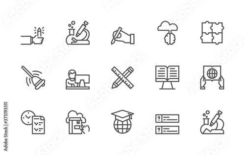 A simple set of online education and remote education related vector linear icons. Contains icons such as: puzzles, microscope, chemistry, child, ruler, pencil. 48x48 Pixel Perfect. Editable Stroke.