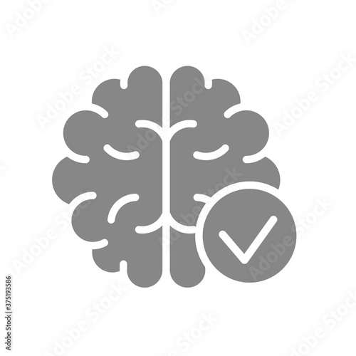 Brain with tick checkmark gray icon. Internal organ symbol