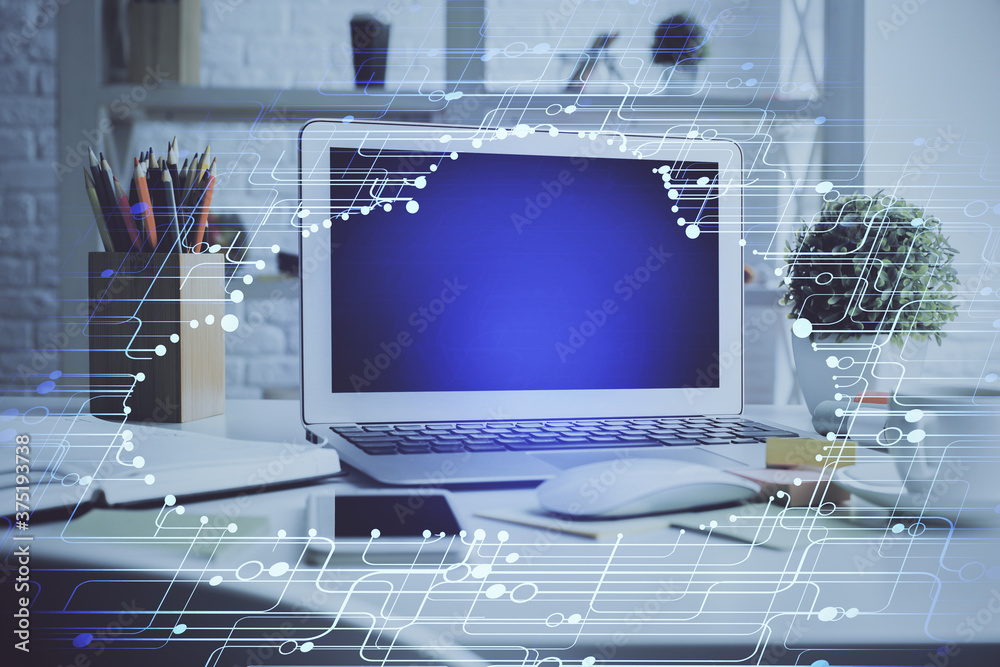 Fototapeta premium Multi exposure of desktop computer and technology theme hologram. Concept of software development.