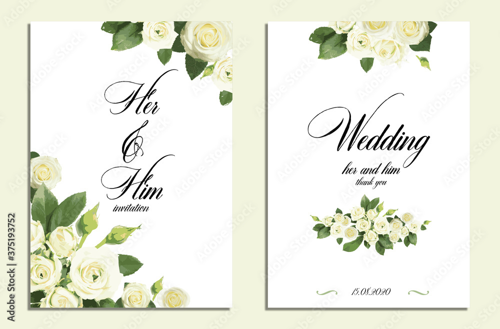 Beautiful wedding invitations with floral design on light background, top view