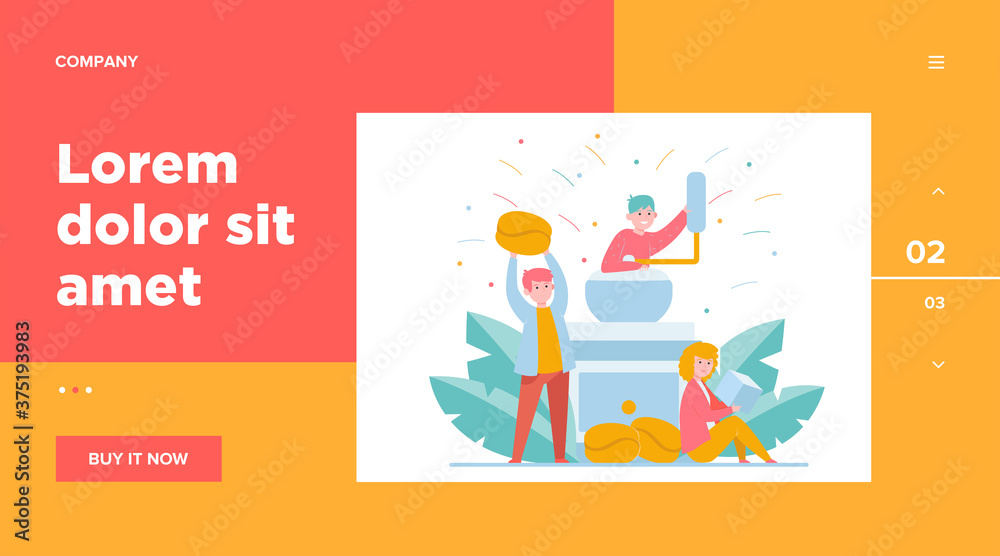 Tiny people and big coffee grinder. Bean, drink, sugar flat vector illustration. Hot beverages and coffee break concept for banner, website design or landing web page Tiny people and big coffee grinder. Bean, drink, sugar flat vector illustration. Hot beverages and coffee break concept for banner, website design or landing web page