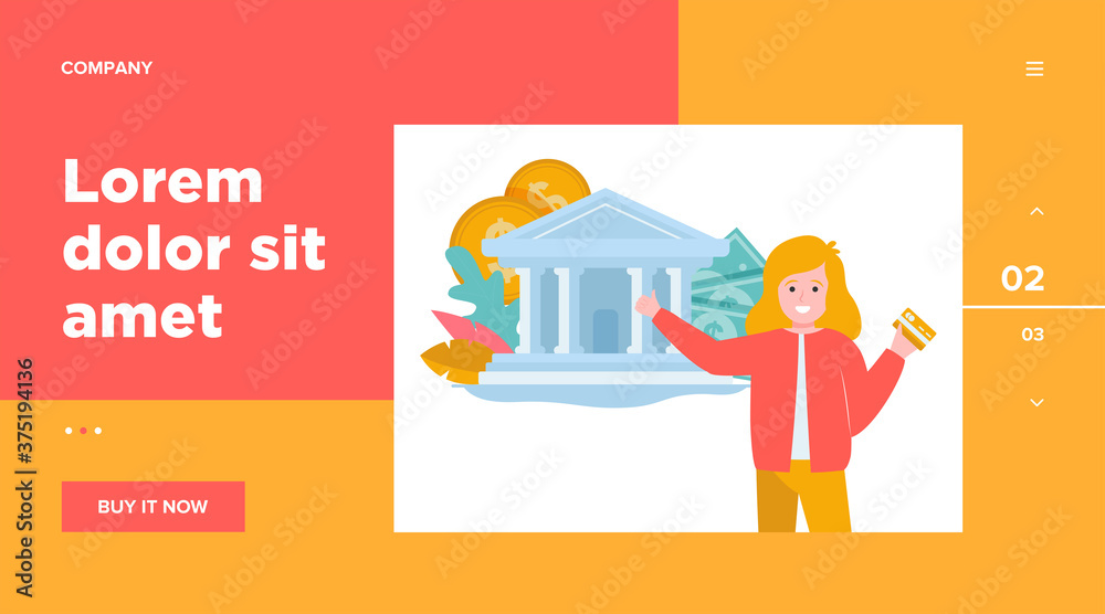 Happy young woman holding credit card. Bank building, money, cash flat vector illustration. Finance, banking, service concept for banner, website design or landing web page