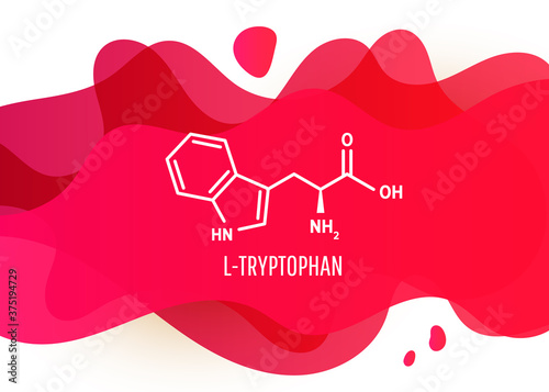 Tryptophan skeletal formula and structure on red medical background with molecules for article, banner or presentation. Vector illustration