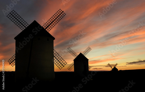 red sunset with clouds of spanish windmills, backlight photography