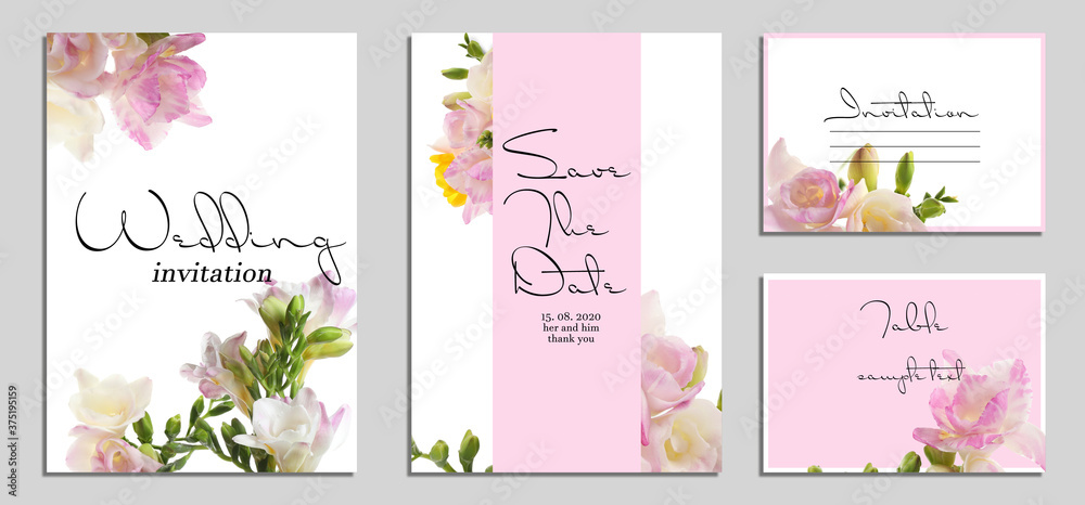 Beautiful wedding invitations and cards with floral design on light background, top view