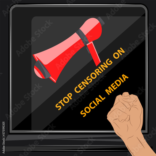 Fist and red megaphone - vector. Freedom of speech concept. Stop censoring social media. Freedom of information