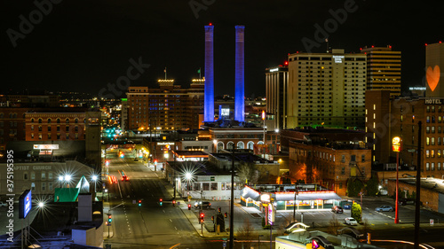 Downtown Spokane, WA City Skyline at Night, Long Exposure