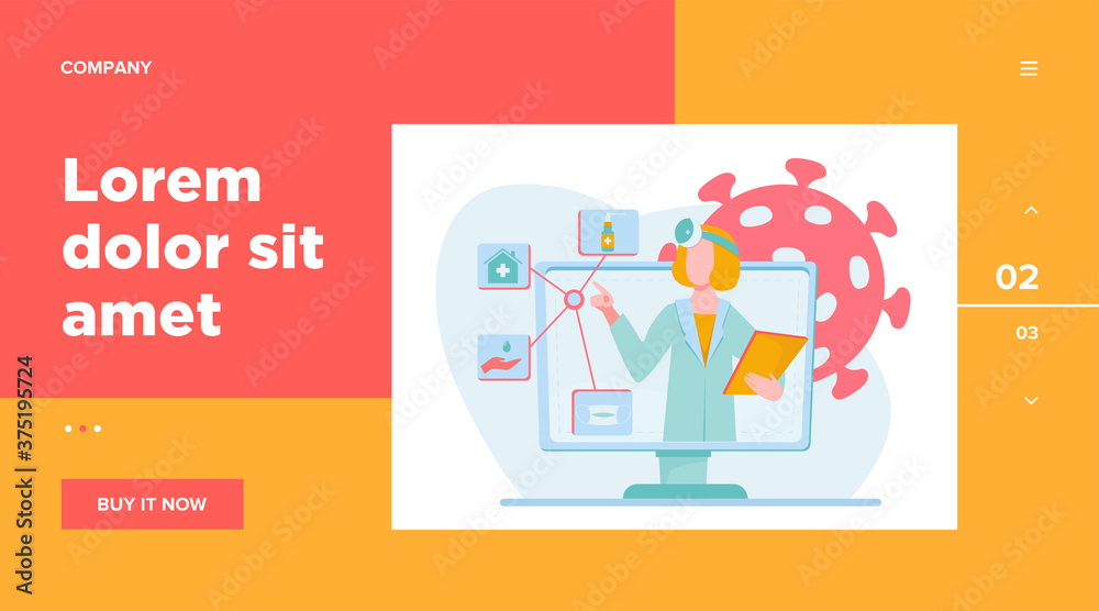 Physician giving recommendation for quarantine. Coronavirus, pandemic, mask flat vector illustration. Medicine and healthcare concept for banner, website design or landing web page Physician giving recommendation for quarantine. Coronavirus, pandemic, mask flat vector illustration. Medicine and healthcare concept for banner, website design or landing web page