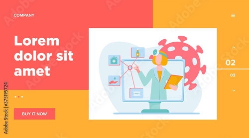 Physician giving recommendation for quarantine. Coronavirus, pandemic, mask flat vector illustration. Medicine and healthcare concept for banner, website design or landing web page