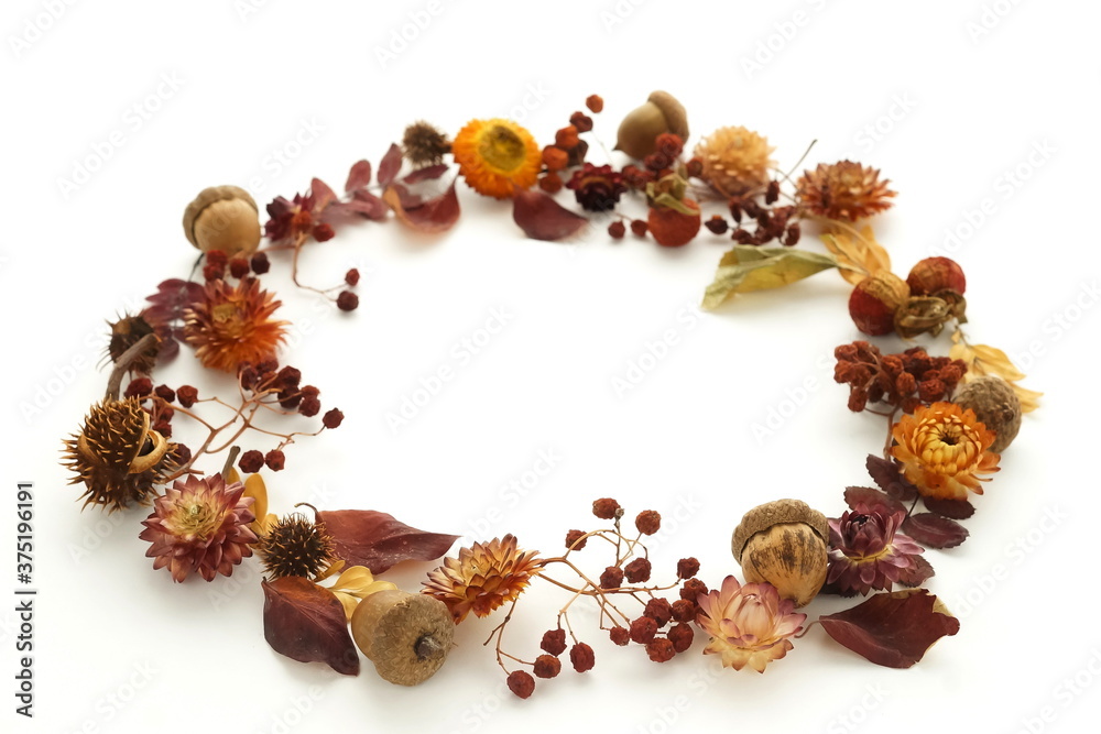 Autumn background top view.Wreath from dried flowers and leaves isolated on white background. Flat lay, copy space. Autumn, fall concept. Autumn background top view.Wreath from dried flowers and leaves isolated on white background. Flat lay, copy space. Autumn, fall concept.