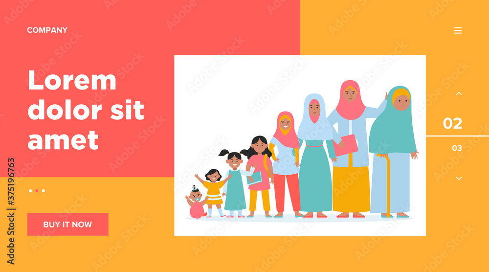 Muslim woman in different age. Adult, child, grandma flat vector illustration. Growth cycle and generation concept for banner, website design or landing web page