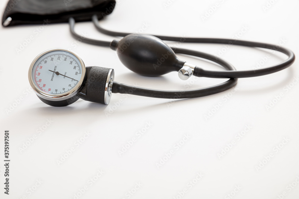 Medical sphygmomanometer on white background, closeup view. Medical sphygmomanometer on white background, closeup view.