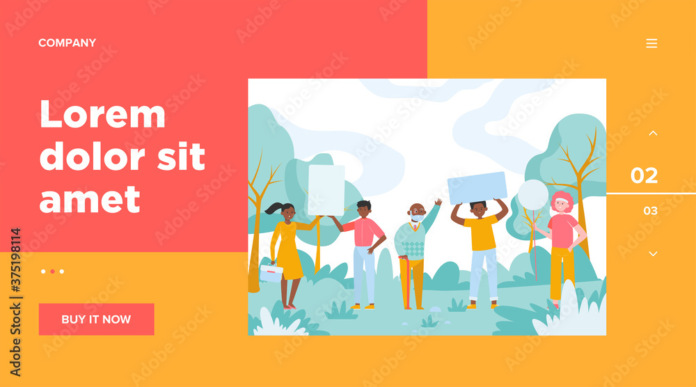 People standing with placards in park. Protest, banner, opinion flat vector illustration. Democracy and social position concept for banner, website design or landing web page