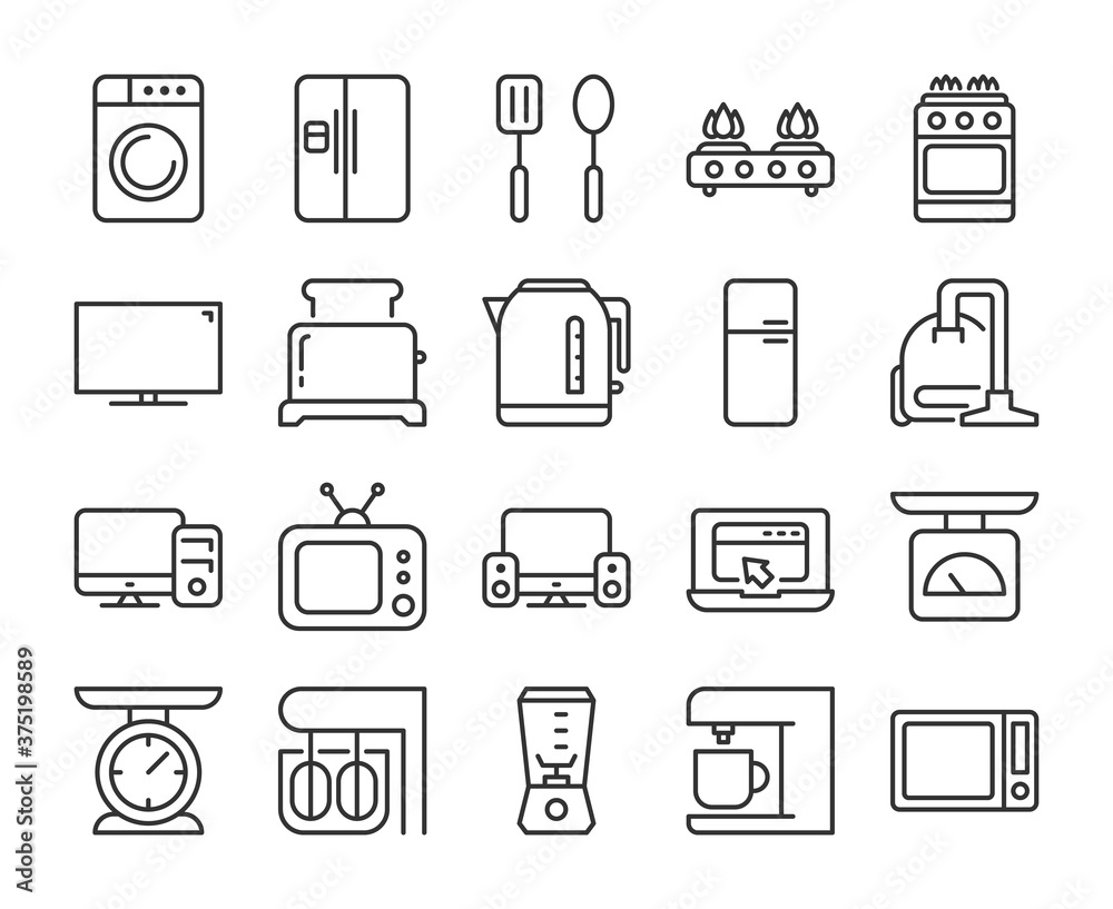 Household appliances icon. Kitchen and Home appliances line icons set. Editable stroke.