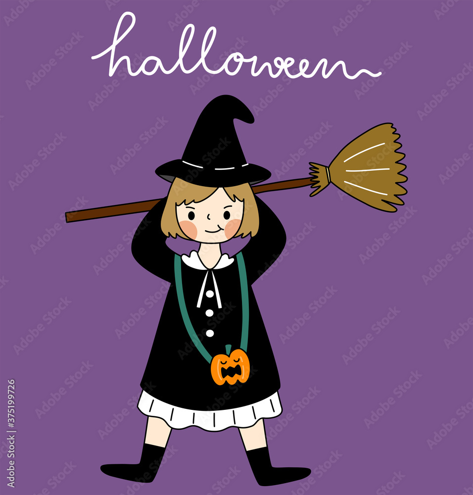 Cartoon of Halloween postcard of the little black witch hold her bloom. Simple cute hand draw line vector and minimal icons flat style character illustration.