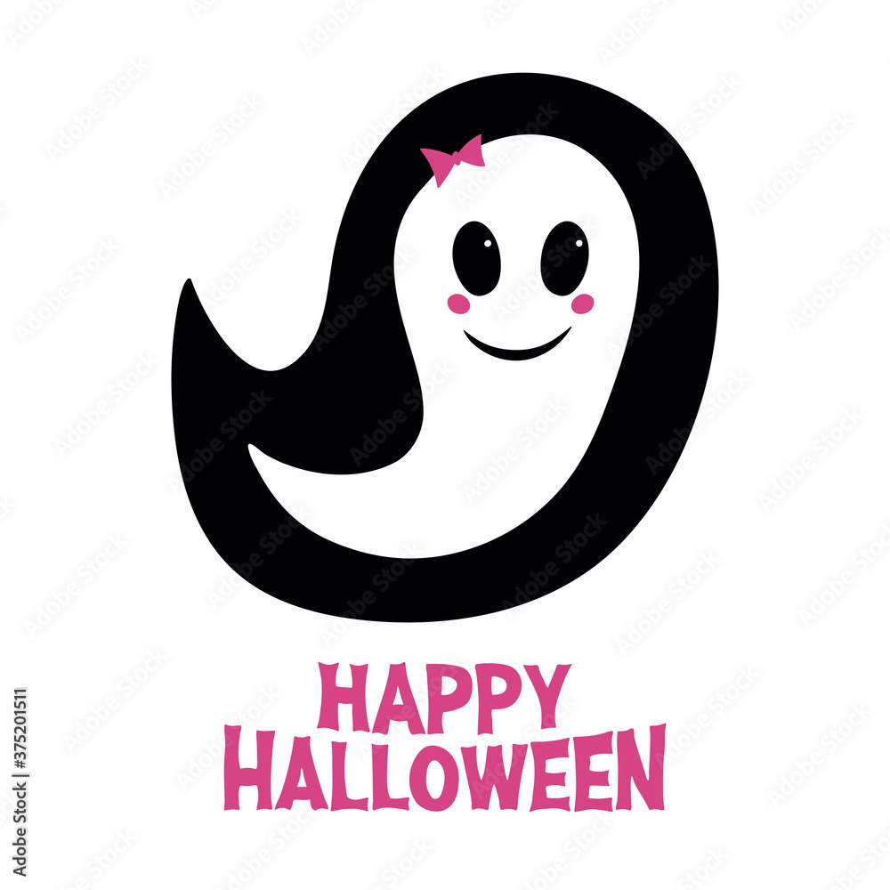 Cute girl ghost with pink blush, bow and Happy Halloween lettering. Holiday greeting card. Isolated on white background. Vector stock illustration. Cute girl ghost with pink blush, bow and Happy Halloween lettering. Holiday greeting card. Isolated on white background. Vector stock illustration.