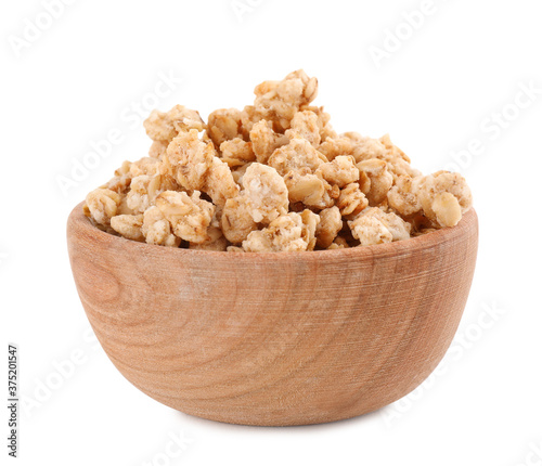 Tasty crispy granola in wooden bowl isolated on white
