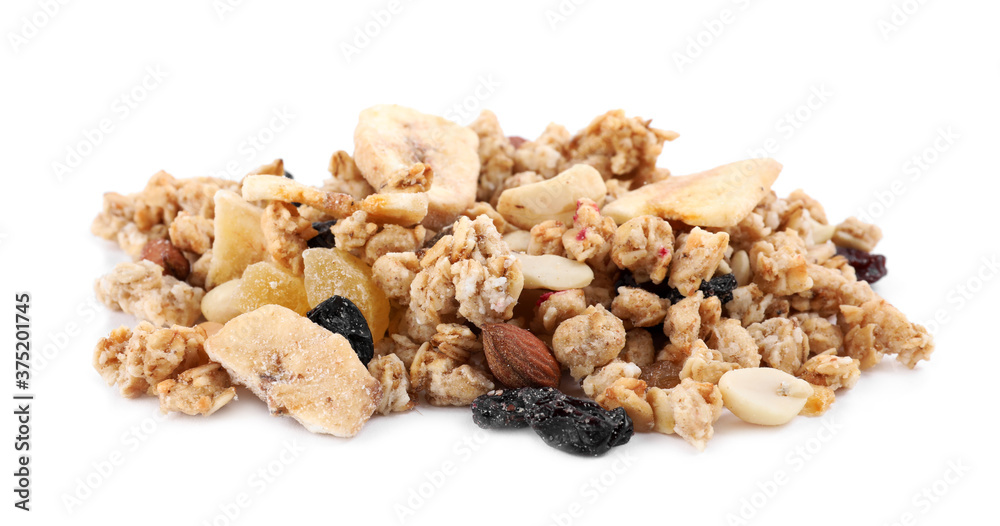 Heap of tasty crispy granola on white background Heap of tasty crispy granola on white background