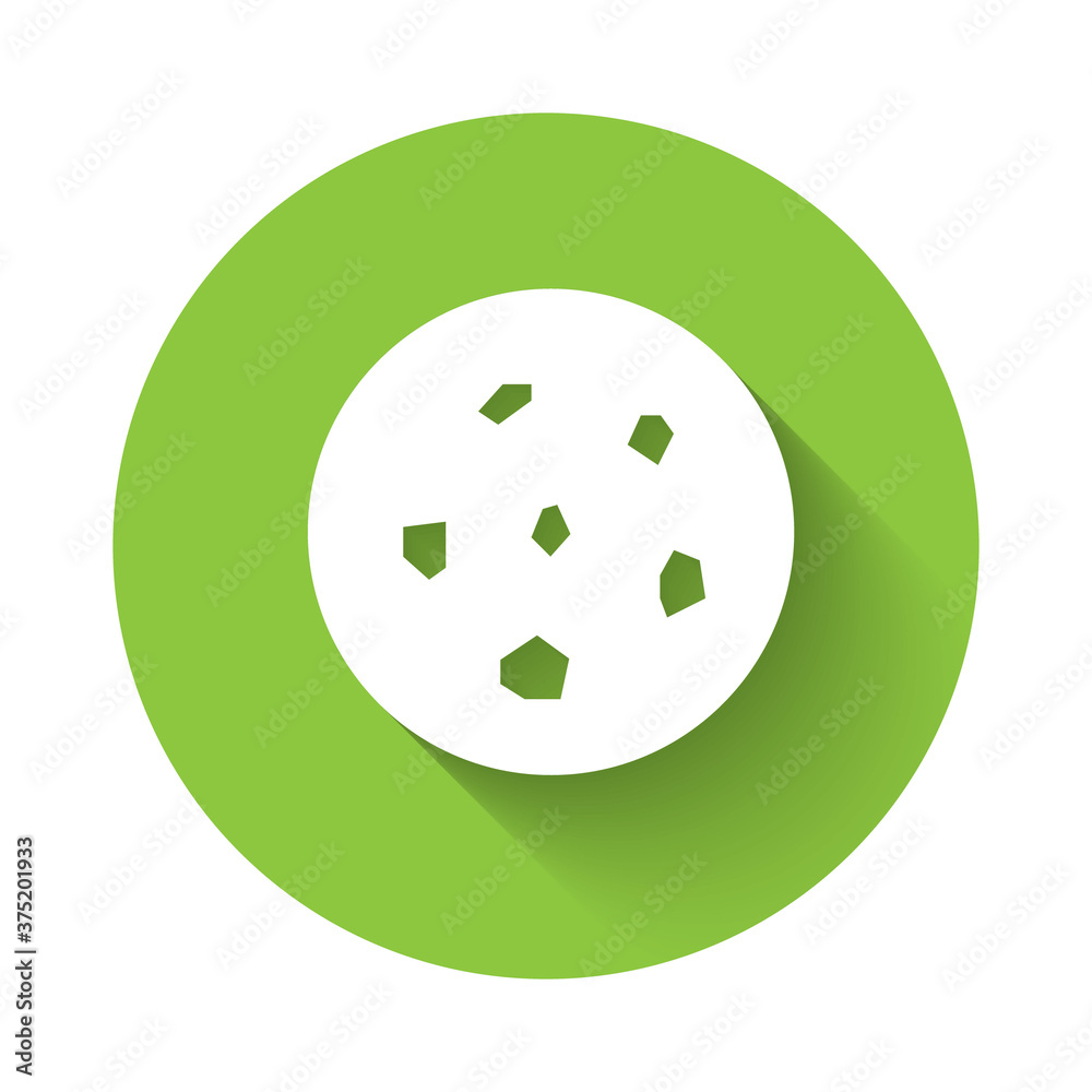 White Cookie or biscuit with chocolate icon isolated with long shadow. Green circle button. Vector Illustration. White Cookie or biscuit with chocolate icon isolated with long shadow. Green circle button. Vector Illustration.