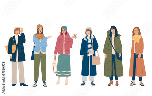 Set of young women standing  in spring and winter outerwear, different colors, cartoon character, silhouettes of people, students, flat icon design concept