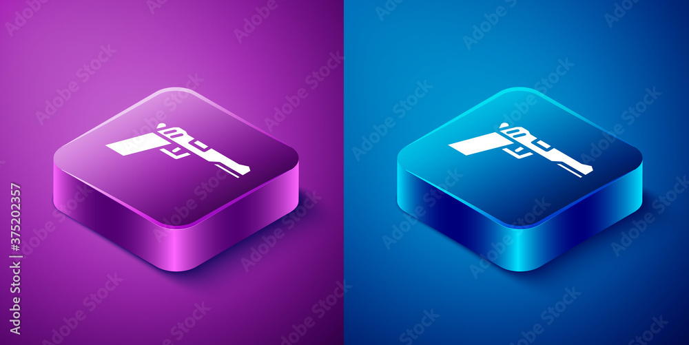 Isometric Pistol or gun icon isolated on blue and purple background. Police or military handgun. Small firearm. Square button. Vector Illustration. Isometric Pistol or gun icon isolated on blue and purple background. Police or military handgun. Small firearm. Square button. Vector Illustration.