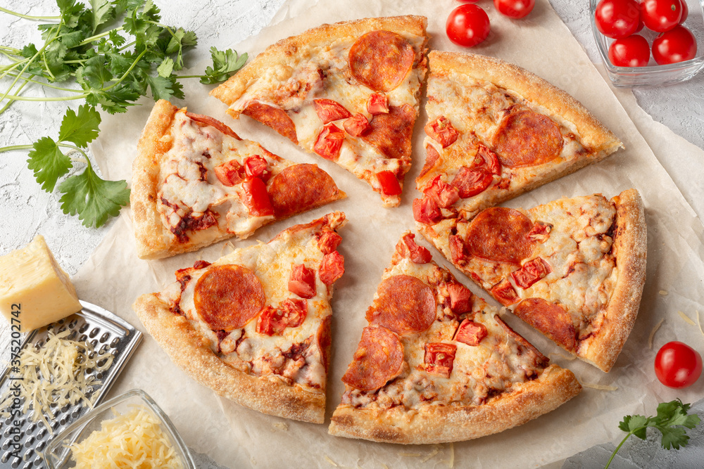 Pepperoni pizza on a light background. Pizza with sausage, tomato paste and tomatoes on a light background. Pepperoni pizza on a light background. Pizza with sausage, tomato paste and tomatoes on a light background.