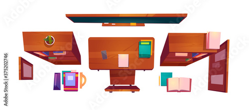 Classroom stuff top view, school or college class interior student desk with books, wooden chair , blackboard and schedule hanging on wall, bookcases, room for studying, Cartoon vector illustration
