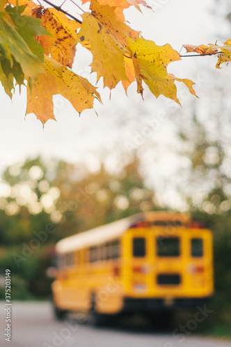 blurred yellow school bus on a country road in autumn